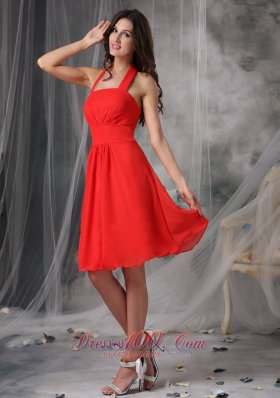 Tomato Red Empire Halter Homecoming Dress Ruching