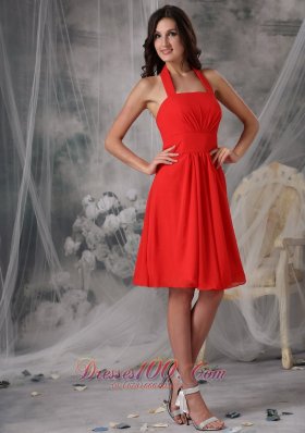 Tomato Red Empire Halter Homecoming Dress Ruching