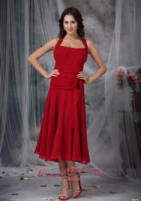 Wine Red Bow Halter Dress for Prom Party Tea-length