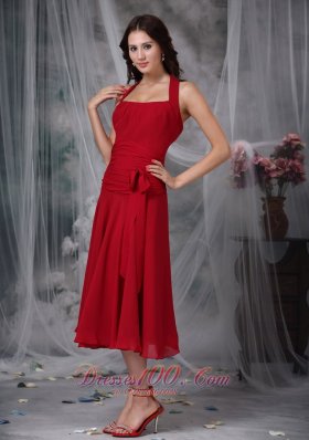 Wine Red Bow Halter Dress for Prom Party Tea-length