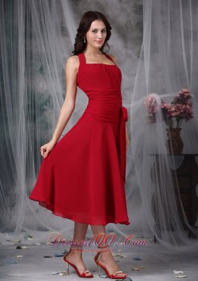 Wine Red Bow Halter Dress for Prom Party Tea-length