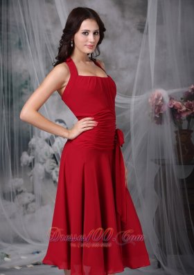 Wine Red Bow Halter Dress for Prom Party Tea-length