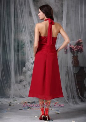 Wine Red Bow Halter Dress for Prom Party Tea-length