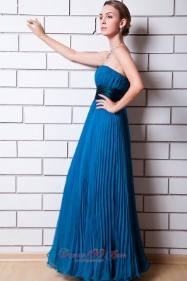 Dodger Blue Pleat Prom Party Wear Maxi Strapless