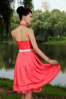 Coral Red Halter Prom Homecoming Dress Sash Knee-length