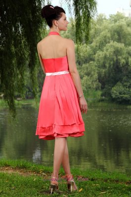 Coral Red Halter Prom Homecoming Dress Sash Knee-length