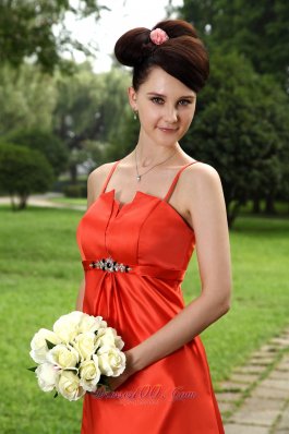 Orange Red Straps Bridesmaid Dress Tea-length Asym