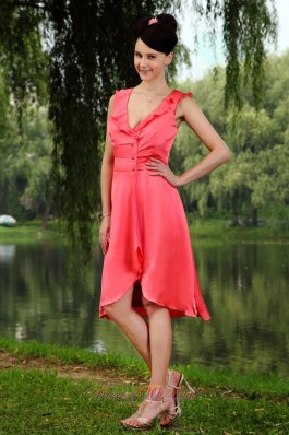 Watermelon Red Front Slit Prom Homecoming Dress V-neck
