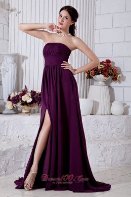 Grape Purple Front Split Prom Evening Gowns Empire Ruch