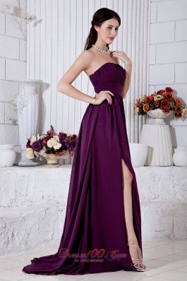 Grape Purple Front Split Prom Evening Gowns Empire Ruch