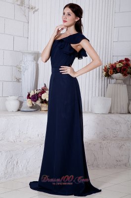 Navy Blue One Shoulder Formal Evening Dress Ruch Brush