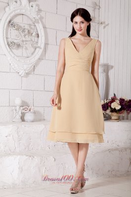 Wheat Custom Color V-neck Bridesmaid Dress Tea-length