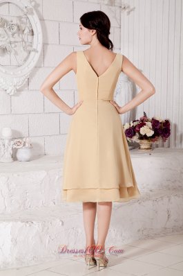 Wheat Custom Color V-neck Bridesmaid Dress Tea-length