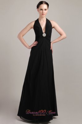 Black Halter Formal Prom Evening Wear Sexy Brooch