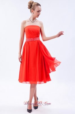 Orange Red Empire Prom Dress Beaded Belt Knee-length