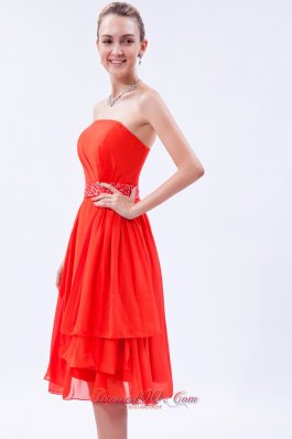 Orange Red Empire Prom Dress Beaded Belt Knee-length