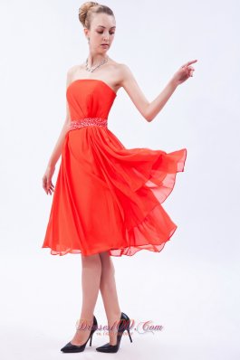 Orange Red Empire Prom Dress Beaded Belt Knee-length