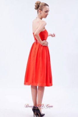 Orange Red Empire Prom Dress Beaded Belt Knee-length