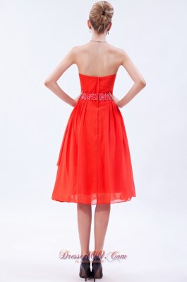 Orange Red Empire Prom Dress Beaded Belt Knee-length