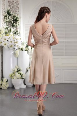 Khaki Color Bridesmaid Dress Cross Straps Empire Tea-length