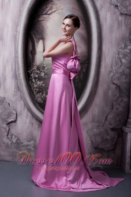 Rose Pink Satin Bow Bridesmaid Dress Strapless Brush