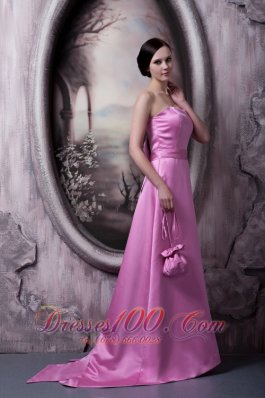 Rose Pink Satin Bow Bridesmaid Dress Strapless Brush