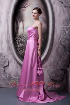 Rose Pink Satin Bow Bridesmaid Dress Strapless Brush