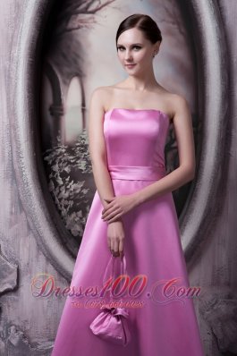 Rose Pink Satin Bow Bridesmaid Dress Strapless Brush