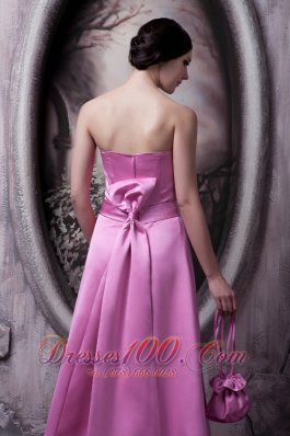 Rose Pink Satin Bow Bridesmaid Dress Strapless Brush