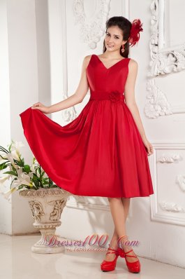 Dark Red Bridesmaid Dress Floral V-neck Knee-length