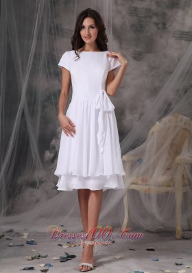 Bateau Short Sleeved Prom Dress Chiffon Knee-length