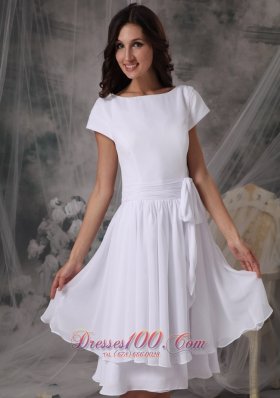 Bateau Short Sleeved Prom Dress Chiffon Knee-length