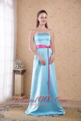 Light Blue Empire Dress for Maid of Honor Pink Sash