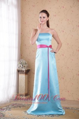 Light Blue Empire Dress for Maid of Honor Pink Sash