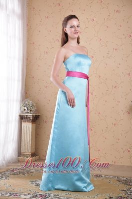 Light Blue Empire Dress for Maid of Honor Pink Sash