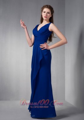 Dark Blue V-neck Bridesmaid Formal Gowns Pleats Chiffon