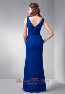 Dark Blue V-neck Bridesmaid Formal Gowns Pleats Chiffon