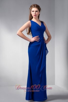 Dark Blue V-neck Bridesmaid Formal Gowns Pleats Chiffon