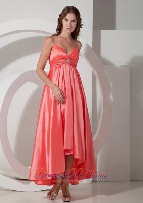 Watermelon Red Spaghetti Straps Prom Dress Asymmetrical