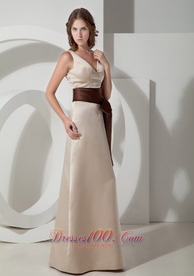 Champagne V-neck Bridesmaid Dress Chocolate Sash