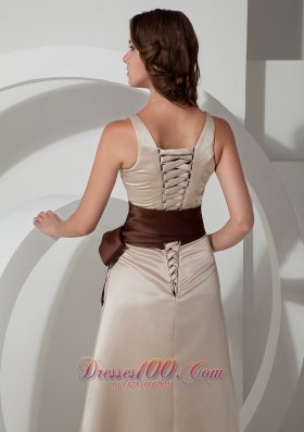 Champagne V-neck Bridesmaid Dress Chocolate Sash