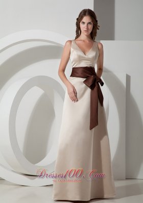 Champagne V-neck Bridesmaid Dress Chocolate Sash