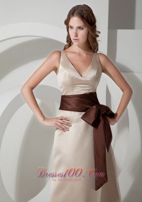 Champagne V-neck Bridesmaid Dress Chocolate Sash