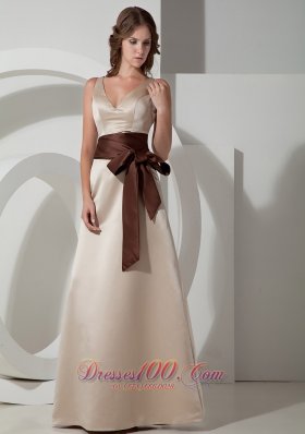 Champagne V-neck Bridesmaid Dress Chocolate Sash