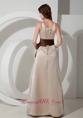 Champagne V-neck Bridesmaid Dress Chocolate Sash