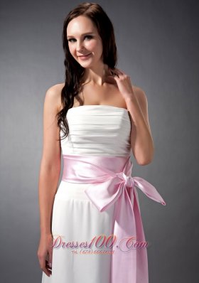 Chiffon White and Baby Pink Sash Bridesmaid Dress Empire