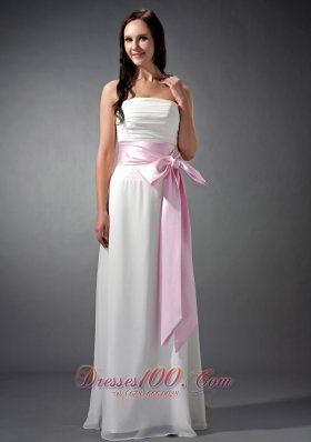 Chiffon White and Baby Pink Sash Bridesmaid Dress Empire