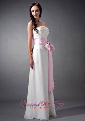 Chiffon White and Baby Pink Sash Bridesmaid Dress Empire