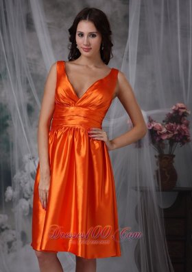 V-neck Knee-length Orange Red Prom Dress Column