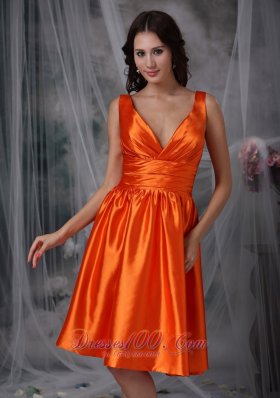 V-neck Knee-length Orange Red Prom Dress Column